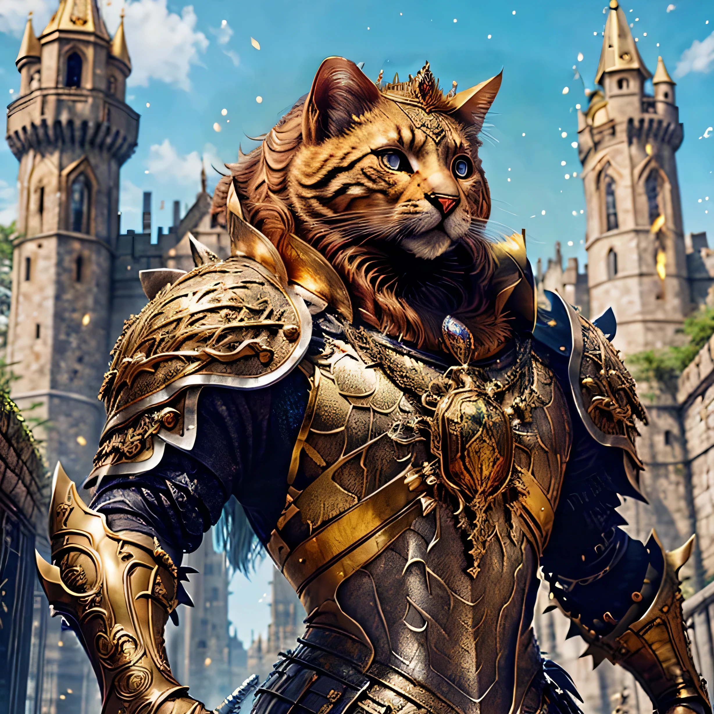 a lifelike golden tiara-wearing cat, detailed feline features, beautiful gold crown embedded with sparkling jewels, photorealistic, 8k, highly detailed, cinematic lighting, dramatic colors, fantasy art