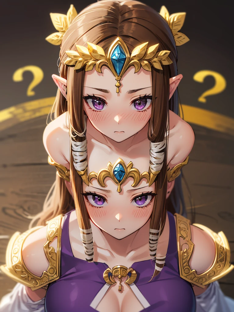 ((((Very beautiful mature woman)))),((surprised),((Scared)),((valley)),((((Exposed shoulders)))),(((look up))),,(((Golden hair ornament)),,(((Long Hair)))),((Big Breasts)),((((Exposed shoulders)))),((Front Face)),Princess Zelda, ((Highest quality)),,(Very detailed) ,,((Purple blouse)),Brown Hair,((Embarrassed look)),Blushing, ((Highest quality)), (Very detailed), ,(((Dark brown hair))),Nintendo, (Straight hair), face,Blushing,((alone)), ((Highest quality)), (Very detailed), ,