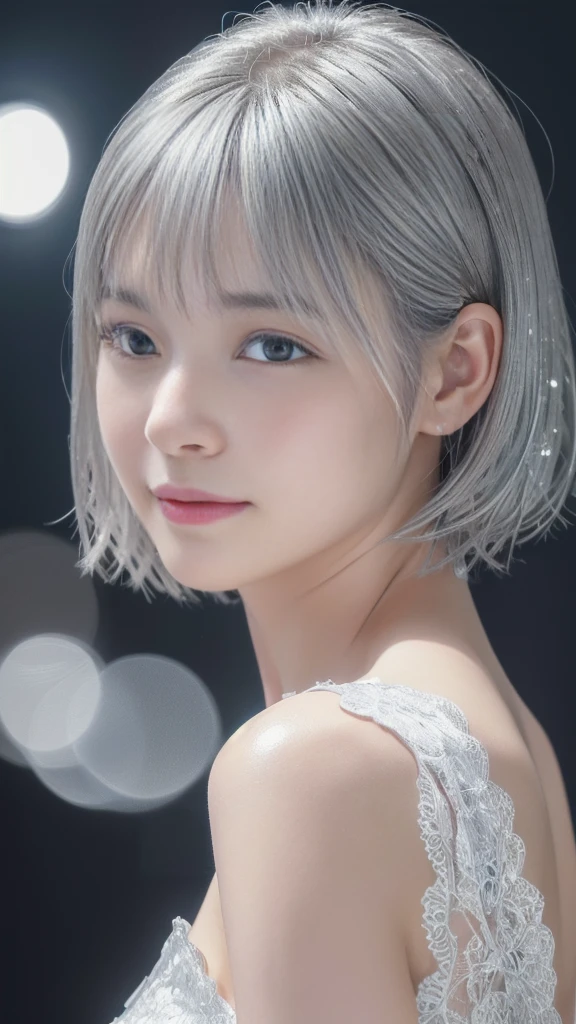 a cute ultra young japanese girl, extremely detailed face, NO makeup,beautiful eyes with long eyelashes, charming eyes,dropped eyes,small delicate nose, lovely smiling lips, (short silver hair:1.5), (porcelain white skin, wearing a lacy キャミソール, slender figure:1.25), (best quality,4k,8k,highres,masterpiece:1.2),ultra-detailed,(realistic,photorealistic,photo-realistic:1.37),HDR,UHD,studio lighting,ultra-fine painting,sharp focus,physically-based rendering,extreme detail description,professional,vivid colors,bokeh,portraits,soft pastel colors,natural lighting,cinematic composition
