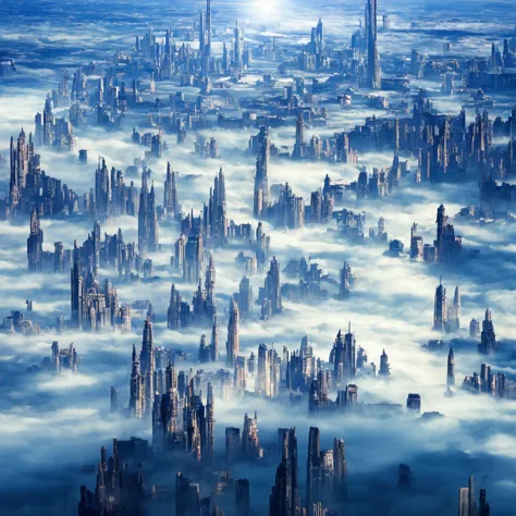 A huge fantastical sci-fi city, aether city, floating aerial metropolis,Skyscrapers、Daytime，Huge construction，Super huge waterfa...