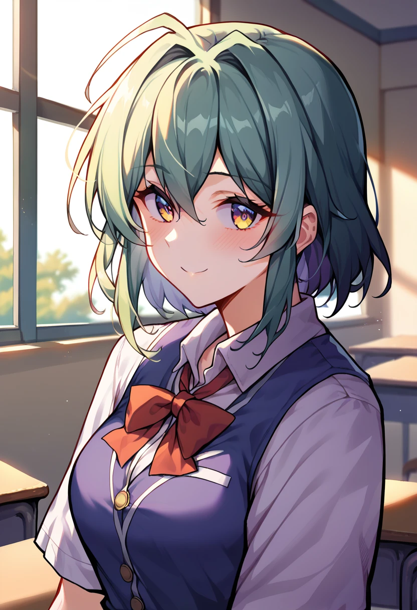 1 Girl, ruan mei \(Collapse: Star Trails\), , Seraph, Cowboy shooting, Backlight, Sunlight, Sunset, classroom, indoors, window, A faint smile, blush, Looking at the audience, depth of field Fraction_9, Fraction_8_Direction_7_up