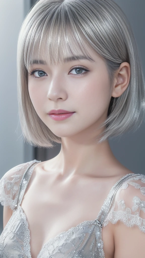 a cute ultra young japanese girl, extremely detailed face, NO makeup, beautiful eyes with long eyelashes, charming eyes, dropped eyes, small delicate nose, lovely smiling lips, (short silver hair:1.5), (porcelain white skin, wearing a lacy camisole, slender figure:1.25), (best quality,4k,8k,highres,masterpiece:1.2),ultra-detailed,(realistic,photorealistic,photo-realistic:1.37),HDR,UHD,studio lighting,ultra-fine painting,sharp focus,physically-based rendering,extreme detail description,professional,vivid colors,bokeh,portraits,soft pastel colors,natural lighting,cinematic composition