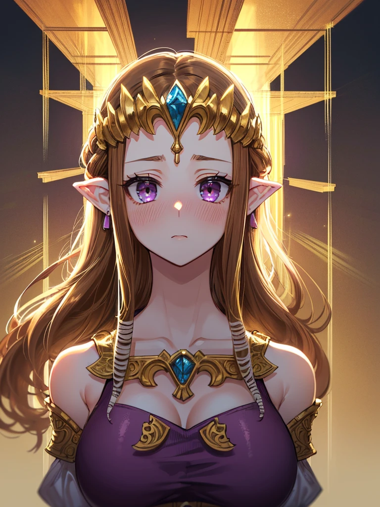 ((((Very beautiful mature woman)))),((surprised),((Scared)),((valley)),((((Exposed shoulders)))),(((look up))),,(((Golden hair ornament)),,(((Long Hair)))),((Big Breasts)),((((Exposed shoulders)))),((Front Face)),Princess Zelda, ((Highest quality)),,(Very detailed) ,,((Purple blouse)),Brown Hair,((Embarrassed look)),Blushing, ((Highest quality)), (Very detailed), ,(((Dark brown hair))),Nintendo, (Straight hair), face,Blushing,((alone)), ((Highest quality)), (Very detailed), ,