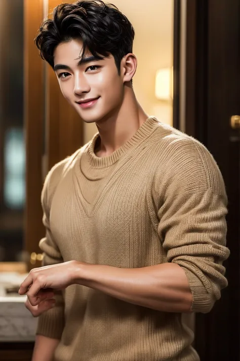 (Masterpiece、Perfect beauty), (Young refreshing man, Black short hair, smile), Luxury,Warm, subdued lighting,