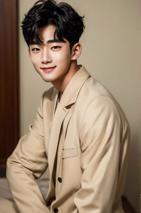 (Masterpiece), (Young refreshing Korean man, Black short hair, smile), Luxury,Warm, subdued lighting,