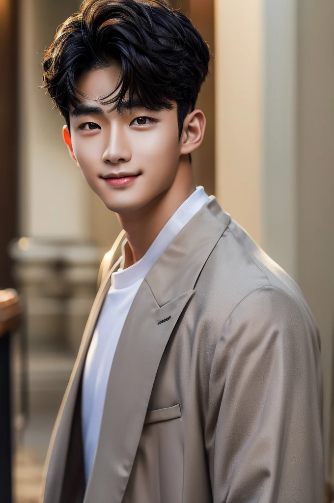 (Masterpiece), (Young refreshing Korean man, Black short hair, smile), Luxury,Warm, subdued lighting,