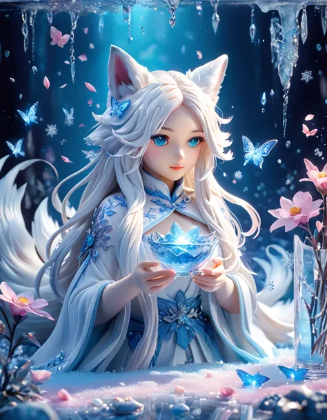 Ultra detailed, HDR, Highres, absurdres, master piece, white fox, Ninetales, expressive blue eyes, glass, ice glittering butterf...