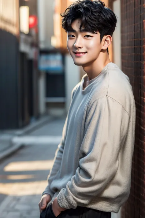 (Masterpiece), (Young refreshing Korean man, Black short hair, smile), Warm, subdued lighting,
