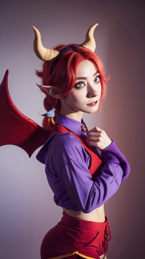 Surreal beautiful cat elf, detailed red hair, face detailed, big demon horns, fully body, Big eyes, long and pointed nose, colettetrixie, sharp teeth, hair over one eye, hairband, demon horns, colored sclera, purple shirt, purple shorts, demon wings, 8K