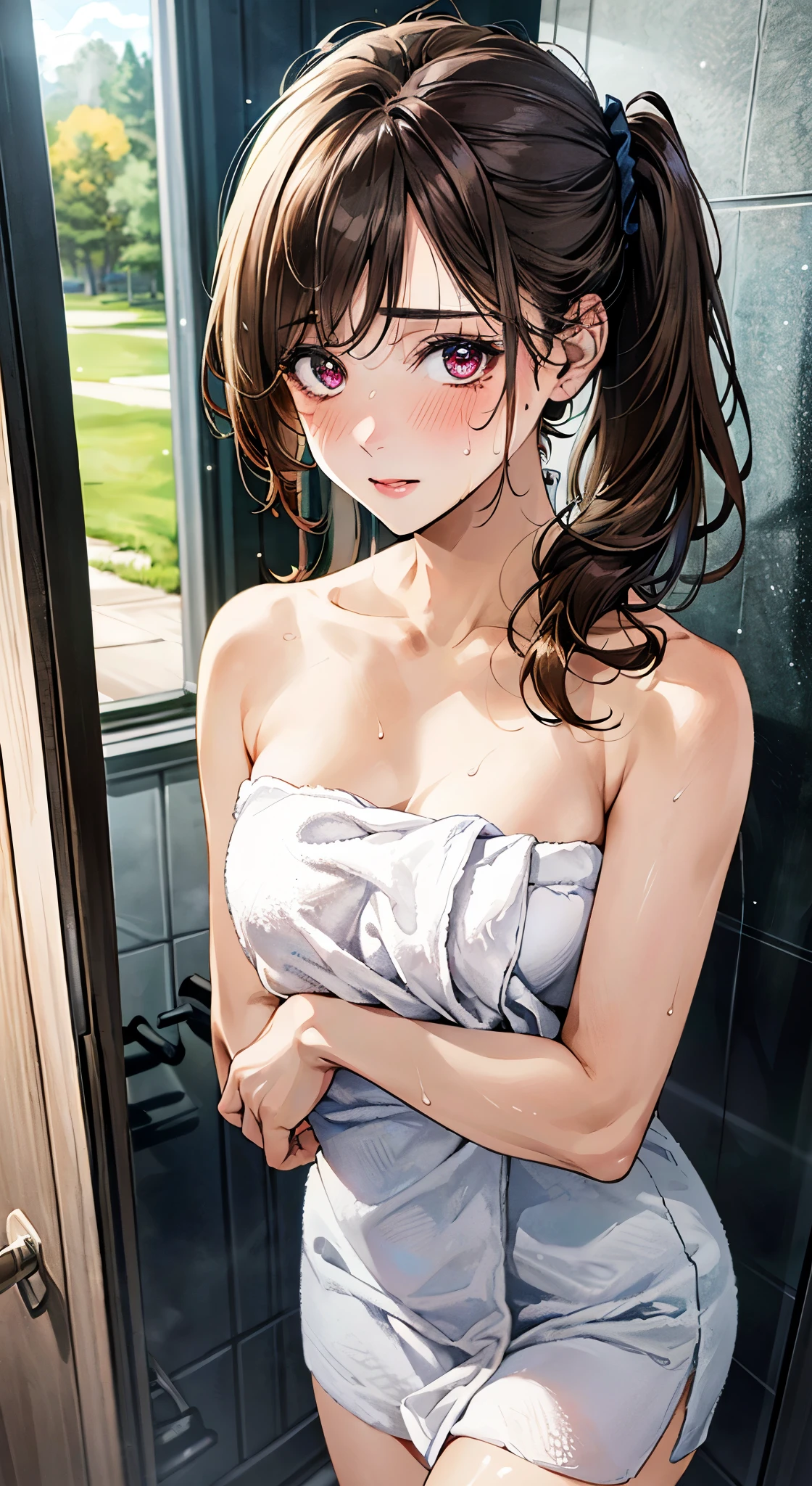 (masterpiece:1.3, top-quality, ultra high resolution, ultra detailed), (realistic, photorealistic:1.4), beautiful illustration, perfect lighting, natural lighting, depth of fields, nsfw, 
beautiful detailed hair, beautiful detailed face, beautiful detailed eyes, beautiful clavicle, beautiful body, beautiful chest, beautiful thigh, beautiful legs, beautiful hands, shiny skin, 
looking at viewer, face focus, upper body, 1 girl, high school girl, (perfect anatomy, anatomically correct, super detailed skin), cute and symmetrical face, babyface, perfect face, perfect eyes, 
(middle hair, side ponytail, light brown hair), swept bangs, maroon eyes, big eye, long eye lasher, (medium breasts, seductive thighs), slender, outstanding style, 
((detailed cloth texture, naked towel, sweaty)), 
(beautiful scenery), evening, ((outside shower room)), standing, (upper eyes, embarrassed),