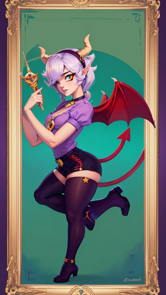 Surreal beautiful cat elf, detailed red hair, face detailed, big demon horns, fully body, Big eyes, long and pointed nose, colettetrixie, sharp teeth, hair over one eye, hairband, demon horns, colored sclera, purple shirt, purple shorts, demon wings, 8K