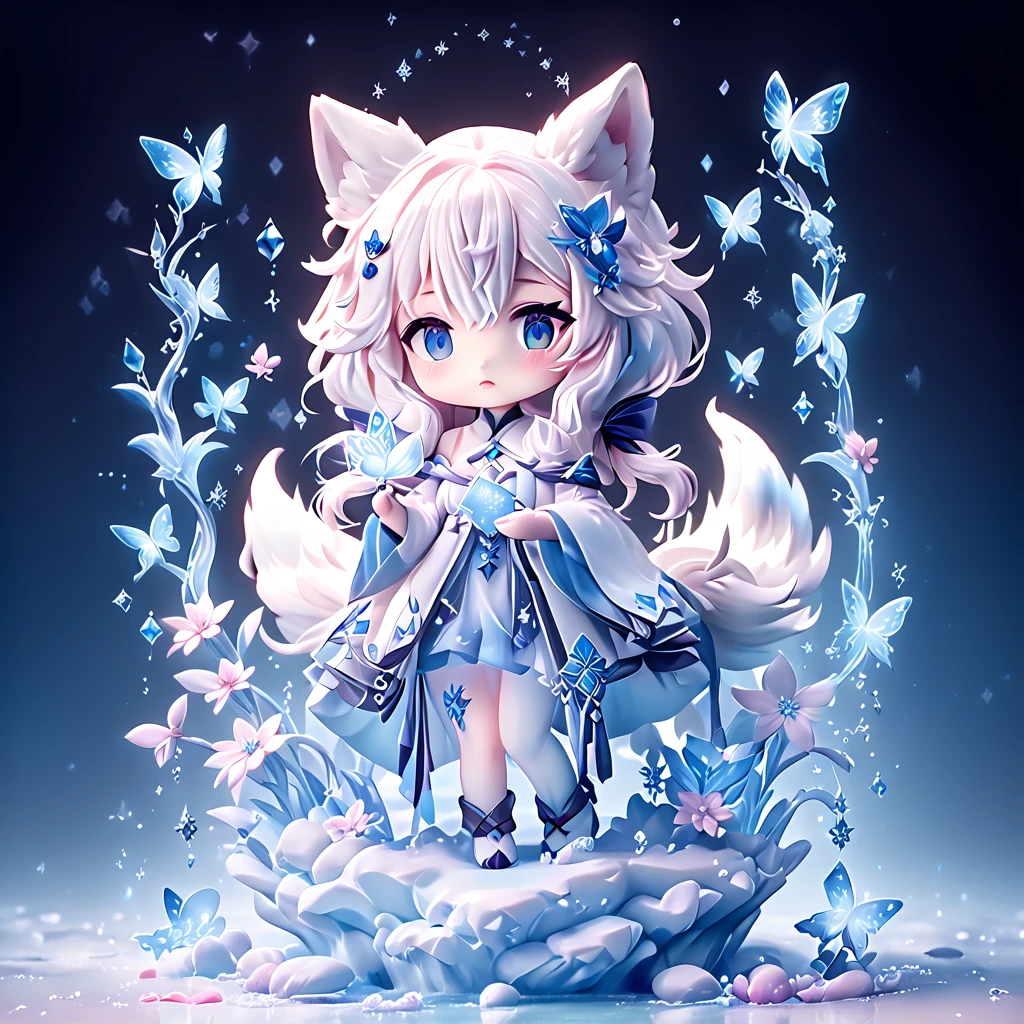 Ultra detailed, HDR, Highres, absurdres, master piece, Krozseria, chibi, white fox, Ninetales, expressive blue eyes, glass, ice glittering butterflies, ice, petals, pink ice glass flowers, cute, glittering, water, fantasy, magical, snowflakes, cold, small and cute,
