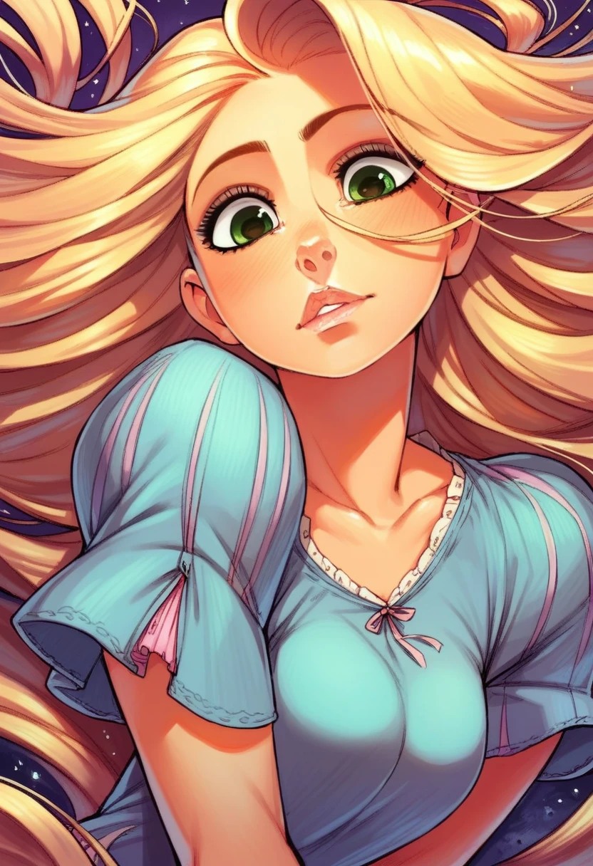 One girl, Rapunzel, blonde_hair, straight_hair, green_eyes, beautifull face, detailed face, slanted_eyes, black_shirt, neckline,