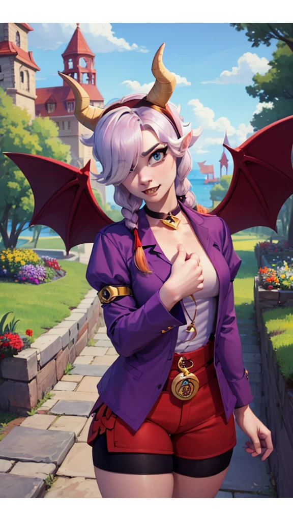 Surreal beautiful cat elf, detailed red hair, face detailed, big demon horns, chubby, fully body, Big eyes, long and pointed nose, colettetrixie, sharp teeth, hair over one eye, hairband, demon horns, colored sclera, purple shirt, purple shorts, demon wings, 8K