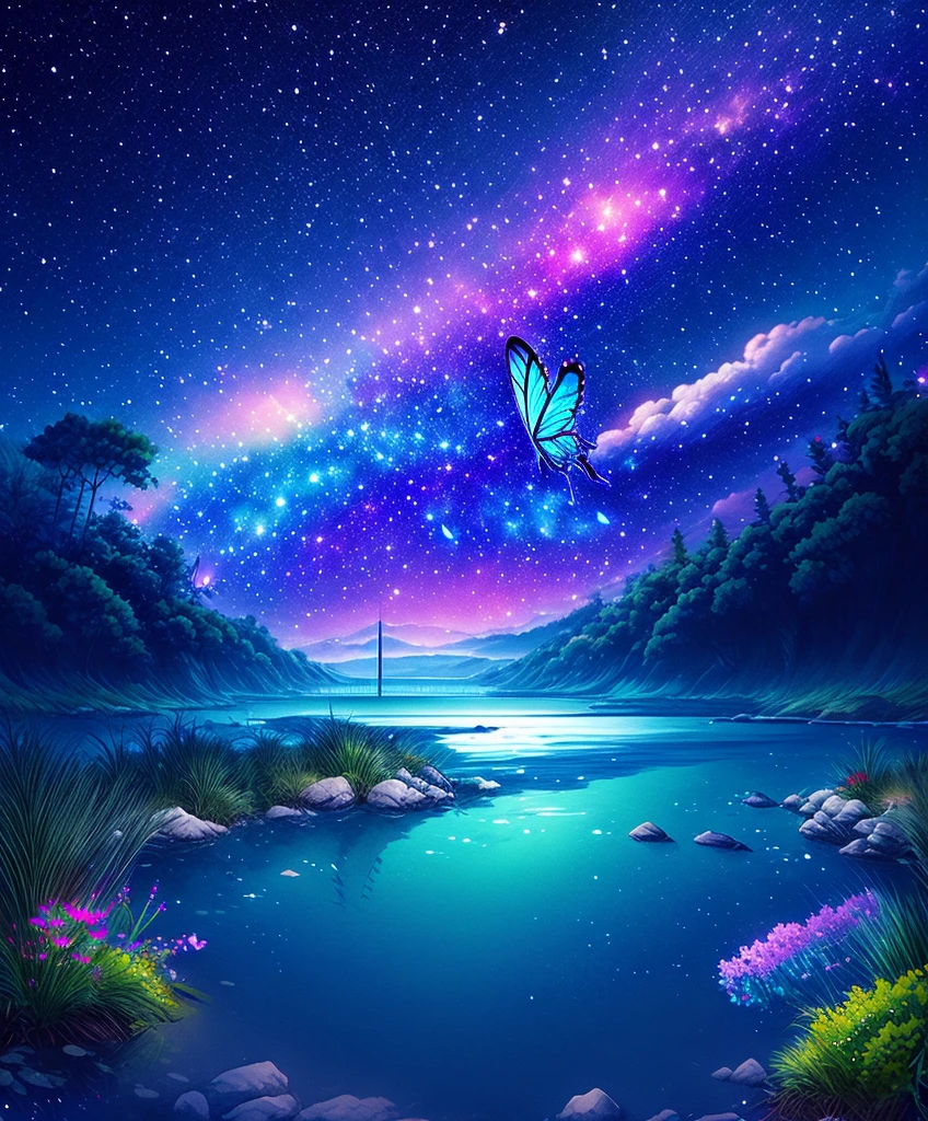 Cute girl characters、Iridescent grass々Drawing a butterfly flying over the water, Looking up at the starry sky. Surround her with colorful nebulae and colorful forests.