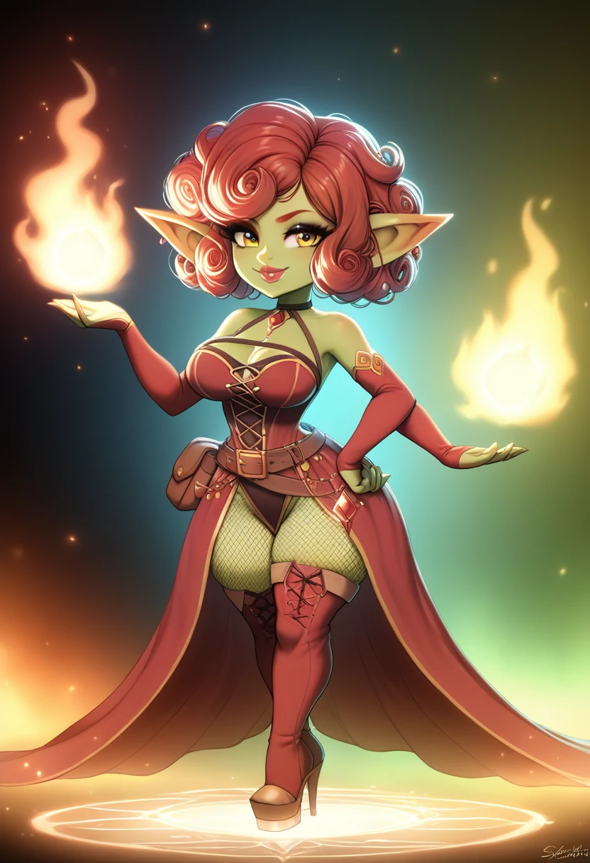 Girl, goblin girl, goblin, green skin, short, short stature, short hair, red hair, curly hair, large breasts, long gloves, thigh boots, pouty lips, masterpiece, best quality, sexy, dynamic pose, 8k, shortstack, sfw, shiny, fantasy, dungeons and dragons, high heels,  fishnets, holding, dark green skin, adventurer, slutty pose, sorcerer, sorceress, pyromancer, fire and ice, magic, fire and ice magic, long detailed slutty colorful dress, thigh pouch, very curly hair, lots of belts, curly hairstyle, lipstick, rosy cheeks, smile, eyeshadow, eye liner, belt on hip, magic, magic dress, very detailed, magic user, puffy lips, bright colors, fiery personality, passionate 