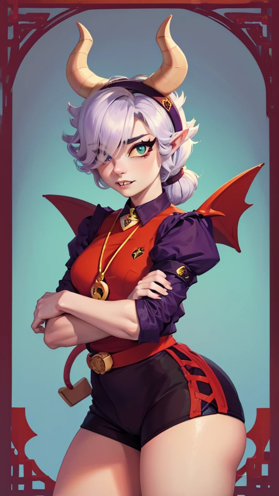 Surreal beautiful cat elf, very red and detailed hair, face detailed, big demon horns, gorda, fully body, Big eyes, long and pointed nose, colettetrixie, sharp teeth, hair over one eye, hairband, demon horns, colored sclera, purple shirt, purple shorts, demon wings, 8K