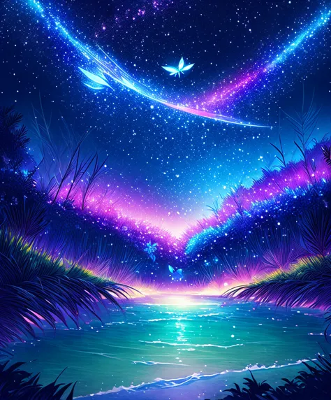 Cute girl characters、Iridescent grass々Drawing a butterfly flying over the water, Looking up at the starry sky. Surround her with...