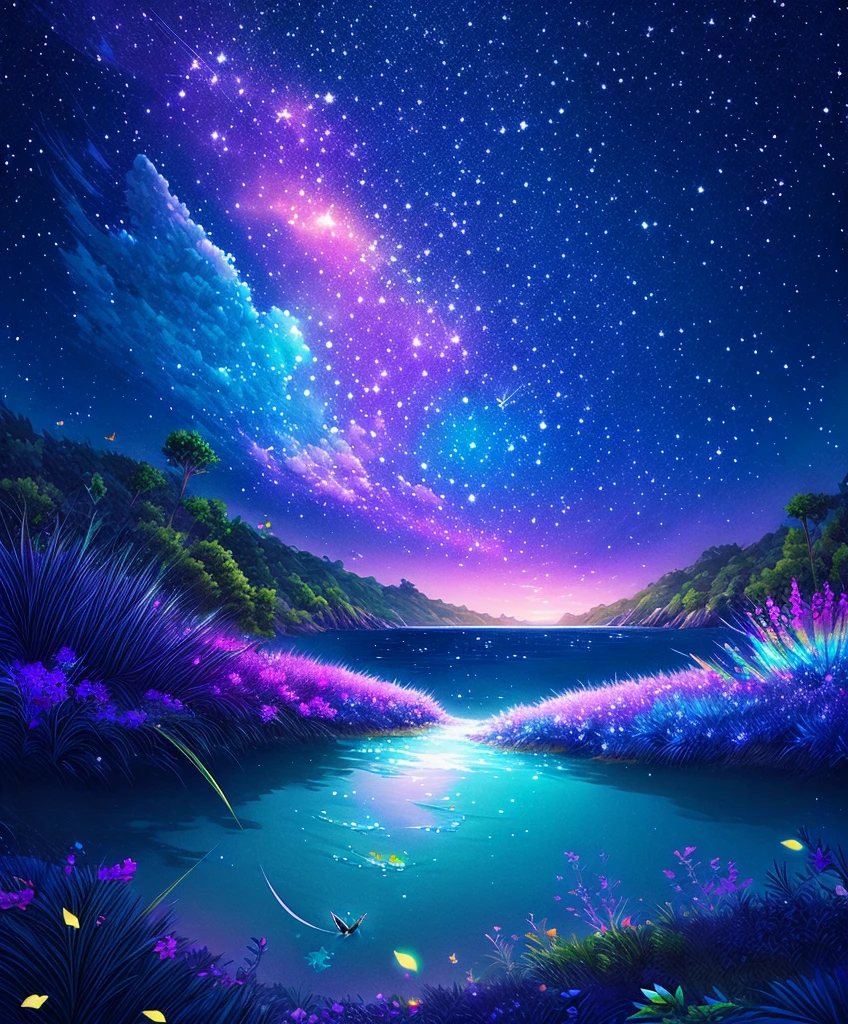 Cute girl characters、Iridescent grass々Drawing a butterfly flying over the water, Looking up at the starry sky. Surround her with colorful nebulae and colorful forests.