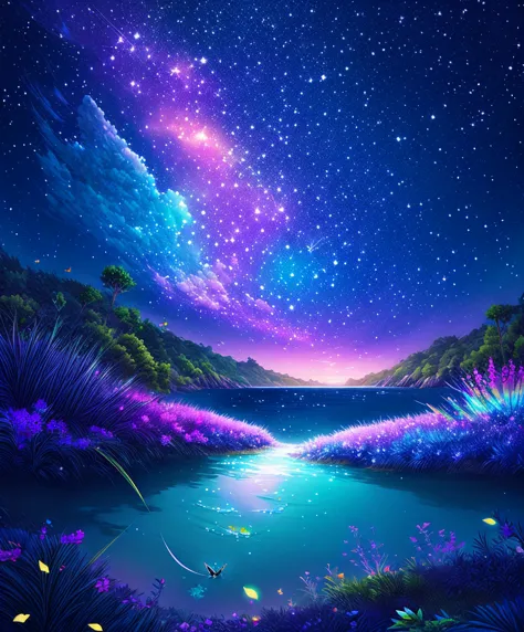 Cute girl characters、Iridescent grass々Drawing a butterfly flying over the water, Looking up at the starry sky. Surround her with...
