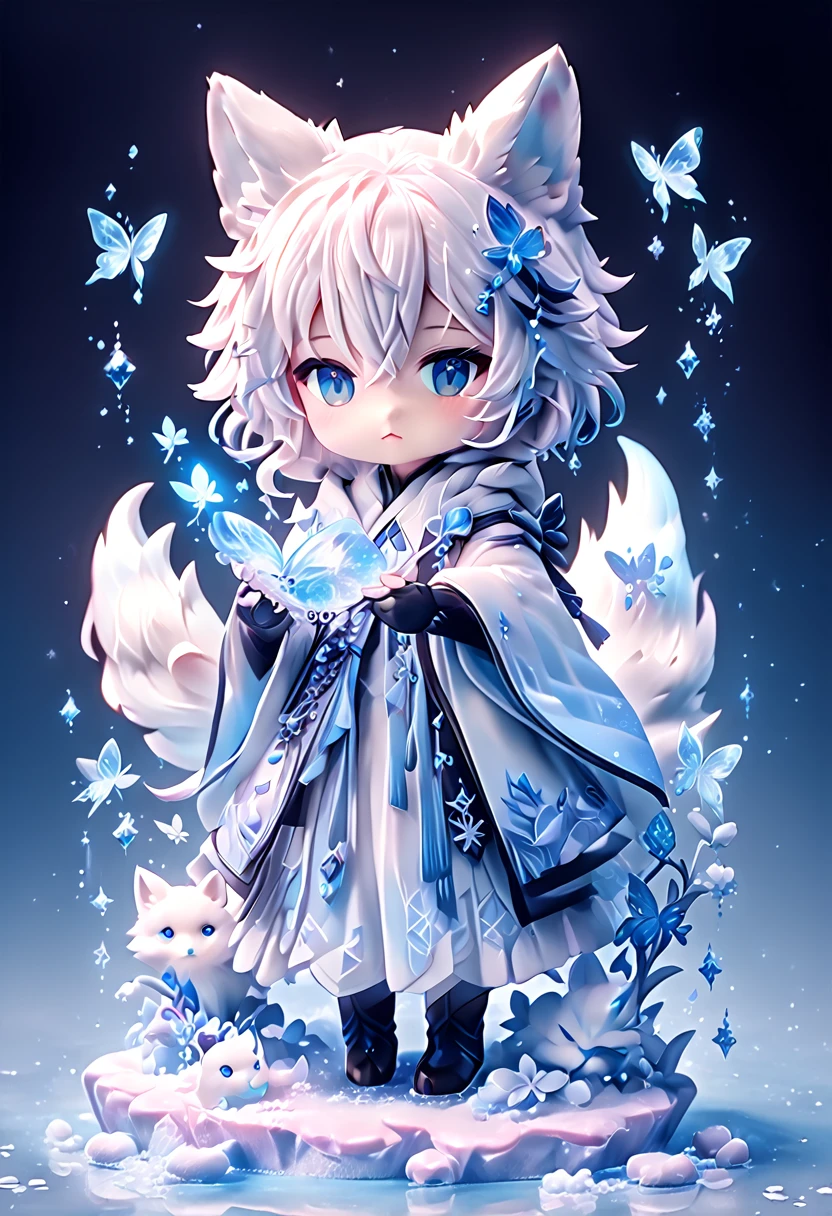 Ultra detailed, HDR, Highres, absurdres, master piece, Krozseria, boy, chibi, white fox, Ninetales, expressive blue eyes, glass, ice glittering butterflies, ice, petals, pink ice glass flowers, cute, glittering, water, fantasy, magical, snowflakes, cold, glass
