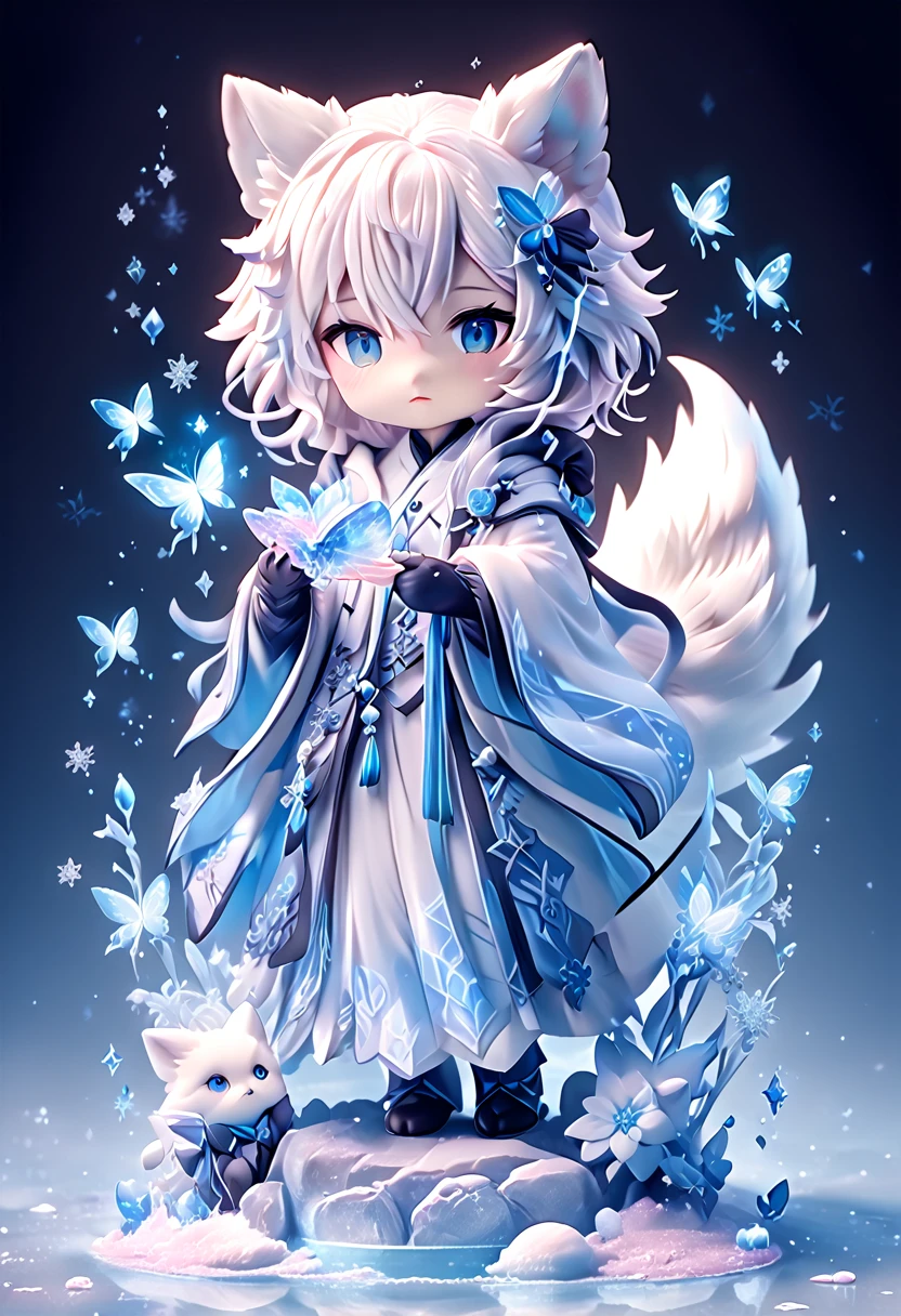 Ultra detailed, HDR, Highres, absurdres, master piece, Krozseria, boy, chibi, white fox, Ninetales, expressive blue eyes, glass, ice glittering butterflies, ice, petals, pink ice glass flowers, cute, glittering, water, fantasy, magical, snowflakes, cold, glass