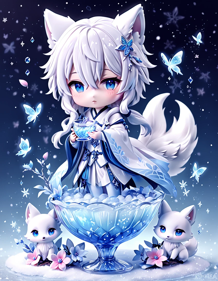 Ultra detailed, HDR, Highres, absurdres, master piece, Krozseria, boy, chibi, white fox, Ninetales, expressive blue eyes, glass, ice glittering butterflies, ice, petals, pink ice glass flowers, cute, glittering, water, fantasy, magical, snowflakes, cold, glass