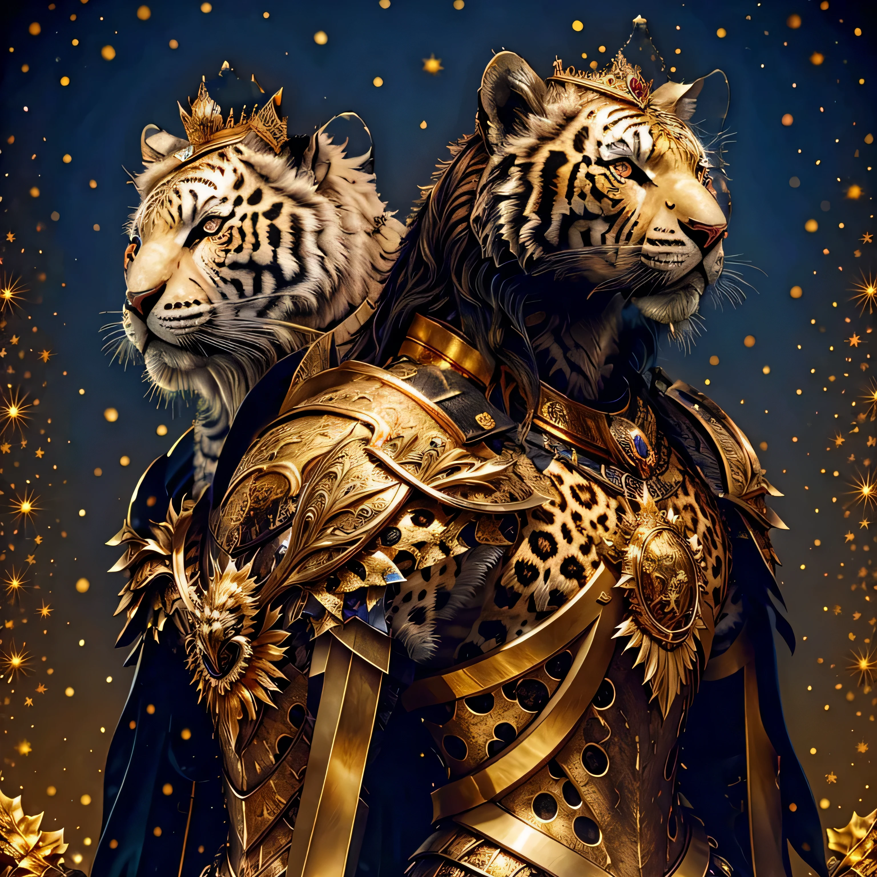 a realistic UHD glossy image of a white tiger with armour embeded in his skin to help defend in battle and a collar and mask made of golden pieces molded into the armour with gold rivits placed about head his eyes are blue and piercing earsome a black background and a gold crown on its head and a black background with a gold crown on its head, glossy,8k