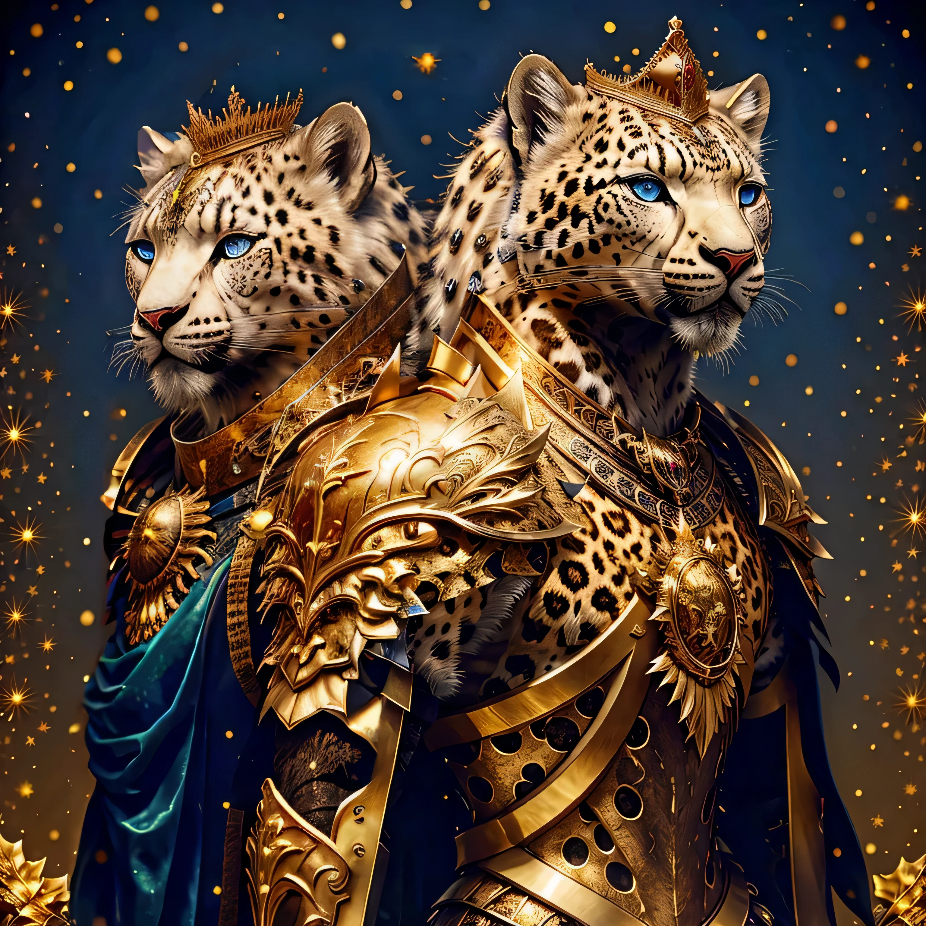 a realistic UHD glossy image of a pure white snow leopard with armour embeded in his skin to help defend in battle and a collar and mask made of golden pieces molded into the armour with gold rivits placed about head his eyes are blue and piercing earsome a black background and a gold crown on its head and a black background with a gold crown on its head, glossy,8k