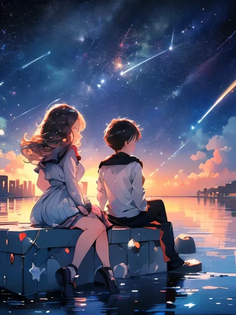 masterpiece、(((Boy and girl sitting on a breakwater)))、Ocean、Back view、milky way、((shooting star))、Upper Body