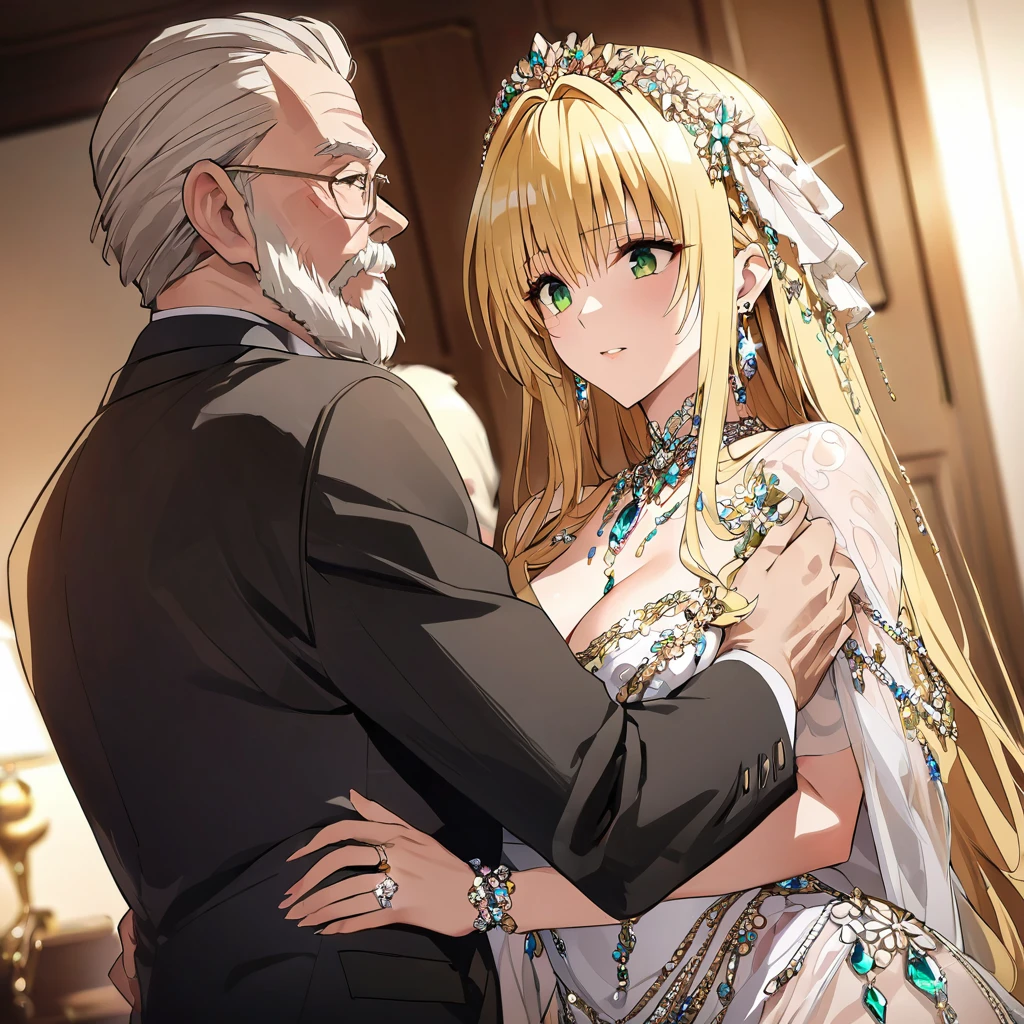 ((Highest quality)), ((masterpiece)), (detailed), （Perfect Face）、The woman is Tiare, has green eyes, medium-long blonde hair, and is wearing an engagement ring.、The woman is wearing a gorgeous, dazzlingly jeweled Victorian dress, a gorgeous see-through cape and a sequined skirt, a gorgeously jeweled head dress chain, gorgeous jeweled earrings, and other gorgeous, glittering accessories, and is in the bedroom with a dignified, bearded, elderly man.、The man is a dignified, bearded old man, very wealthy and wearing an engagement ring.