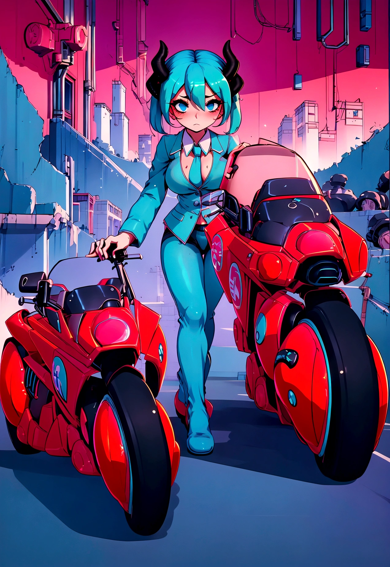 (score_9, score_8_up, score_7_up), lum, solo, long hair, bangs, blue hair, blue eyes, aqua hair, horns, eyeshadow, large breasts, looking at viewer, blush, (masterpiece), perfect sexy female body, (sexy and seductive pose:1.3), street, mountain, EPsoaSinon, short hair, aqua hair, aqua eyes, hair between eyes, (hair ornament:1.2), hairclip, sidelocks, small breasts, riding, business suit, black pants, white collared shirt, kanedabike,bigscooter,