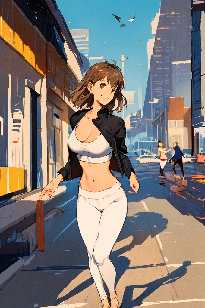 best quality, Ultra high resolution, (realistic:1.4), 1 girl, A black jacket with a loose, oversized fit., white sports bra, (yoga pants:1), (light brown hair:1.2), looking at the audience, smile, Bad body, road, in the city, put on makeup, wide angle