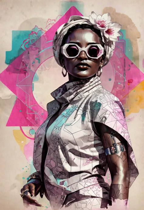 "Full body, water colors, ink drawing, beautiful cyberpunk Sudanese woman, wearing smart digital sunglasses,  floral background,...