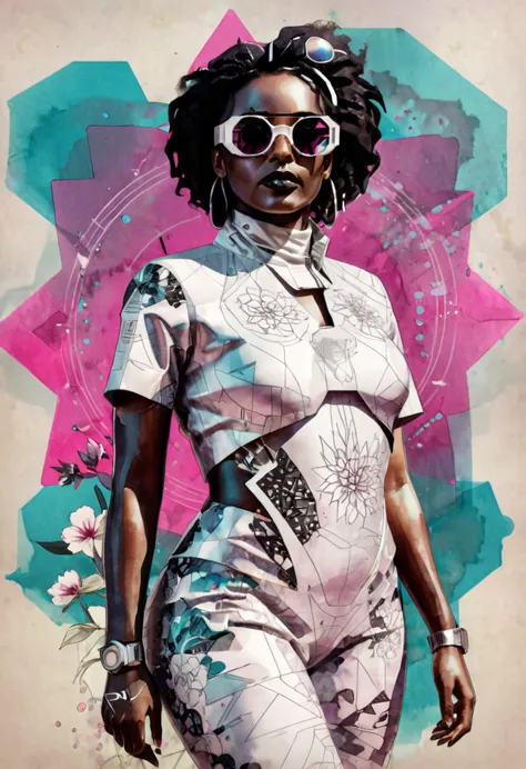 "Full body, water colors, ink drawing, beautiful cyberpunk Sudanese woman, wearing smart digital sunglasses,  floral background,...