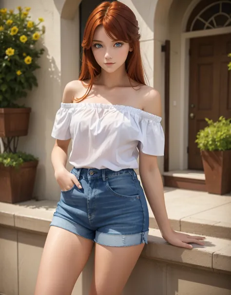 18 year old young girl, long haired redhead with blue eyes, Short white off-the-shoulder shirt, bright blue short jean shorts, s...