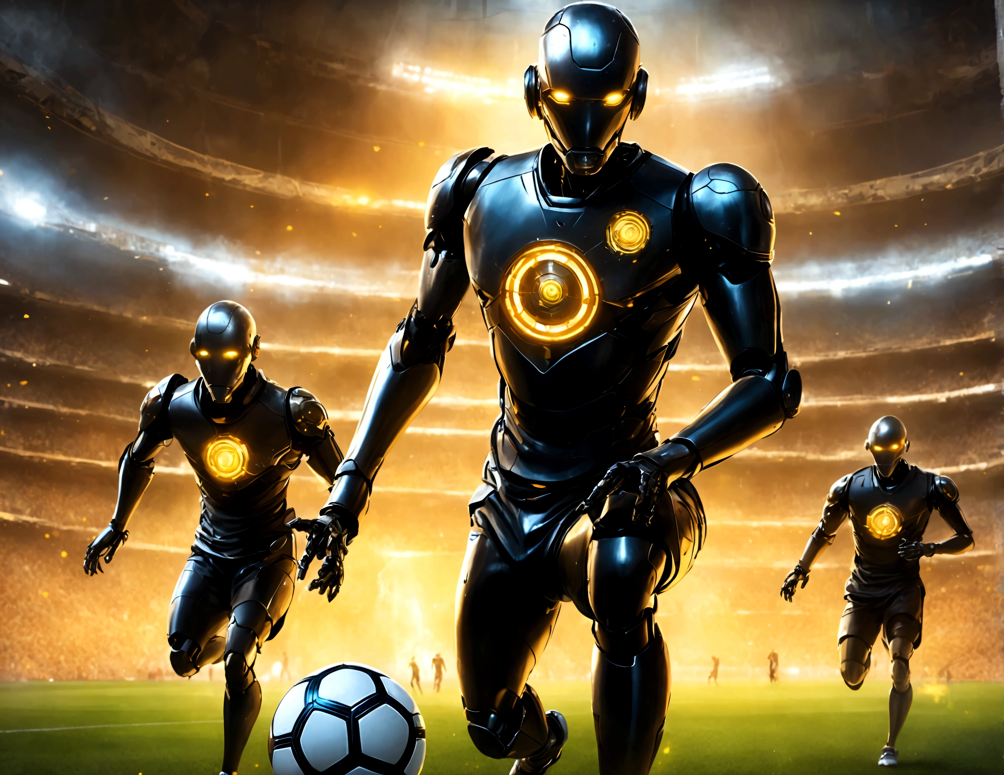 A dapper, mechanical android soccer team, steam vents, lit eyes, playing in a well-lit, packed stadium, teams with different color schemes, only one soccer ball on the field (best quality, 8k, highres, masterpiece:1.2), ultra-detailed, (realistic, photorealistic, photo-realistic:1.37), steam punk, concept art
