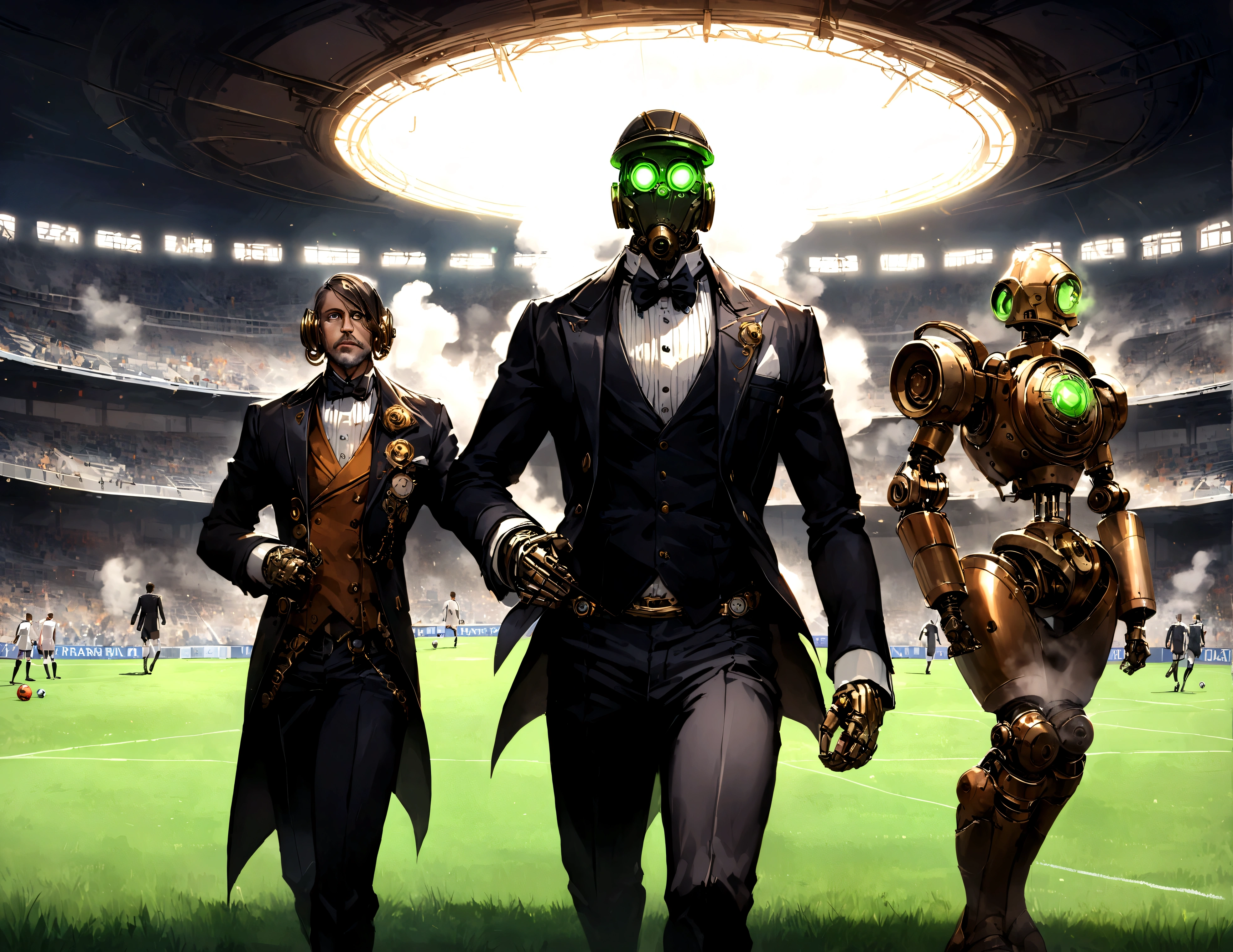 A dapper, mechanical android soccer team, steam vents, lit eyes, playing in a well-lit, packed stadium, teams with different color schemes, only one soccer ball on the field (best quality, 8k, highres, masterpiece:1.2), ultra-detailed, (realistic, photorealistic, photo-realistic:1.37), steam punk, concept art
