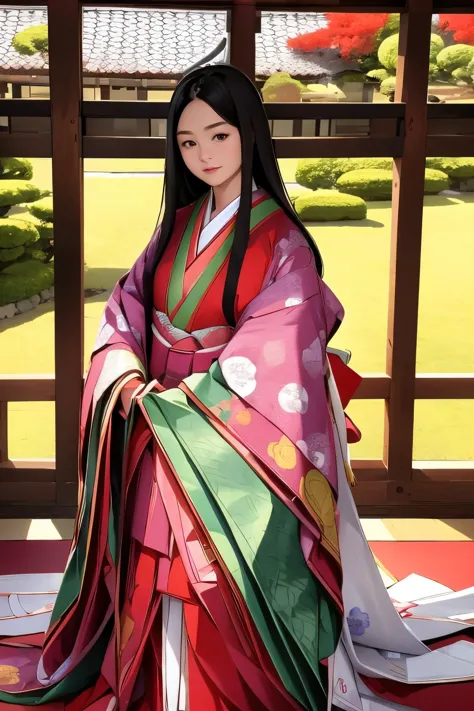 (masterpiece, highest quality:1.2), detailed description、4k anime art、photorealistic、one young woman、twelve-layered kimono、whole...