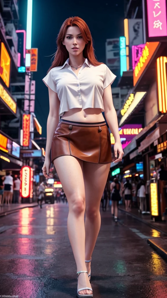 Full body front view of 1 extremely beautiful redhead woman with freckles, Extremely slender, symmetrical body, thin waist, wide hips, thighs (thick with muscles), sensualizing with her mouth, with a highly exciting seductive expression, wearing a short skirt brown leather, and a short pink blouse, showing her belly, in the busy, neon-lit night streets of Bangkok, ultra-realistic image, perfect symmetry, vibrant and sharp, dynamic vision, high level of detail and definition, 1200 PPI - Photographic resolution with greater color realism, hyper-realistic, High fidelity, cinematic, 16K UHD image resolution.