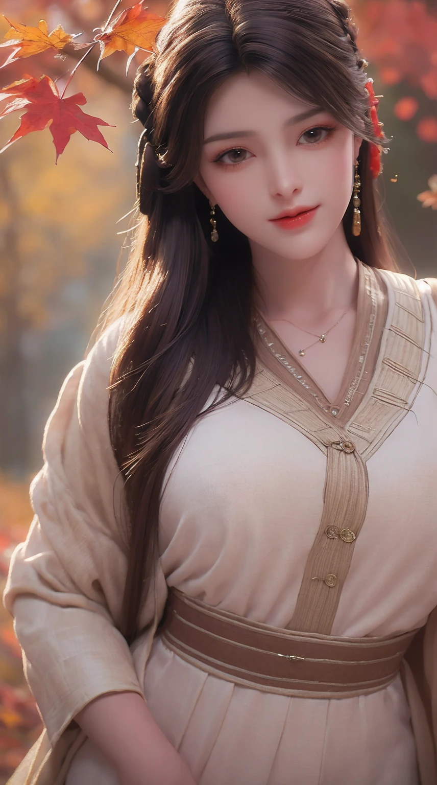 dress, fashi-girl,red lips,mature female,makeup, ((Close up)), ((cowboy shot)), (best quality,4k,8k,highres,masterpiece:1.2),ultra-detailed,realistic:1.37,portrait,beautiful girl,youthful female model,sweet girl,masterpiece,extremely detailed description,super fine painting,exquisite face,slim figure,long legs,smile,radiant smile, autumn, autumn wind and leaves