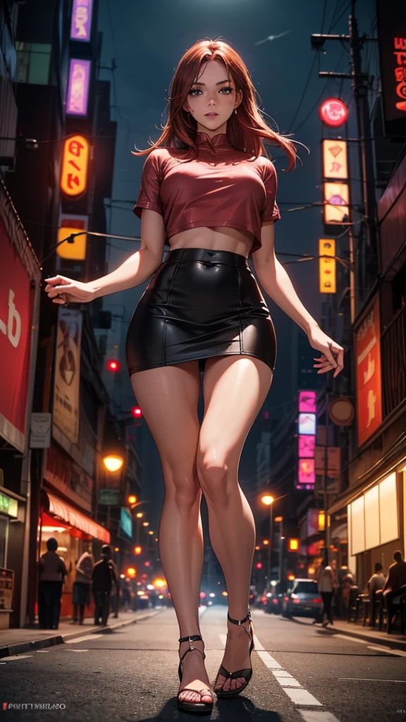 Full body front view of 1 extremely beautiful redhead woman with freckles, Extremely slender, symmetrical body, thin waist, wide hips, thighs (thick with muscles), sensualizing with her mouth, with a highly exciting seductive expression, wearing a short skirt brown leather, and a short pink blouse, showing her belly, in the busy, neon-lit night streets of Bangkok, ultra-realistic image, perfect symmetry, vibrant and sharp, dynamic vision, high level of detail and definition, 1200 PPI - Photographic resolution with greater color realism, hyper-realistic, High fidelity, cinematic, 16K UHD image resolution.