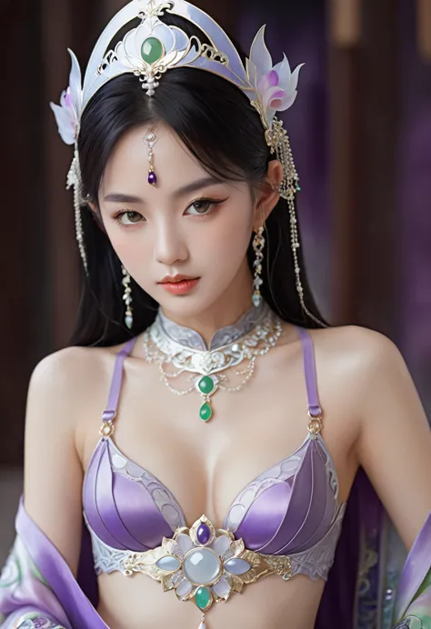 Wearing sexy transparent platinum low-cut lace armor cleavage、Close-up of woman holding lotus, Headdress, Violet necklace, jade ...