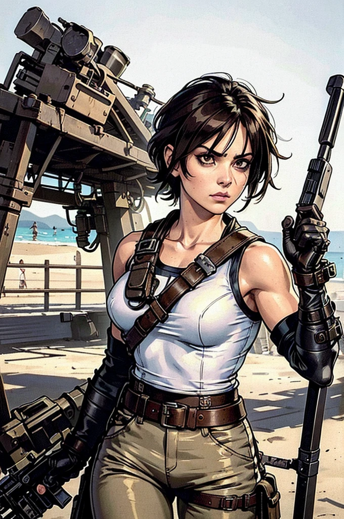 a military woman, well trained body, white sleeveless t-shirt, Exposed collarbone, beige leather shelter, blue pants, two leather belts with gun pockets, dark brown hair, carving, Brown eyes, hazel left eye, left eye with a scar, beach shore, at daytime, walking towards the viewer, serious expression, threatening expression looking at viewer, sparkling beach, palm trees around, leather gloves on his hands, In a post-apocalyptic environment, post - apocalyptic cowgirl, Post - Apocalyptic style, Post apocalyptic clothing, pose, post-apocalyptic, Postapocalyptic style, post apocalyptic grunge, Post - Apocalyptic Scavenger. (Ultra quality) 8k quality, detailed, perfect light, perfect angle, perfect sharpness.