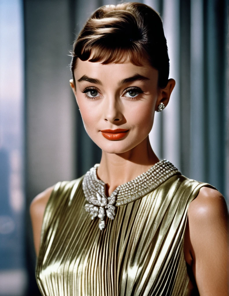 (masterpiece, best quality, hyper realistic, raw photo, ultra detailed, extremely detailed, intricately detailed), (photorealistic:1.4), (photography of Audrey Hepburn wearing a fashionable Pleated metallic midi dress with V-neckline, designed by Hubert de Givenchy), (smile), fairy, pure, innocent, beauty, (slender), super model, adr, Breakfast at Tiffany's, Sabrina, (glide_fashion), depth of field, (full shot), film grain, zeiss lens, symmetrical, 8k resolution, octane render, extremely high-resolution details, fine texture, dynamic angle,