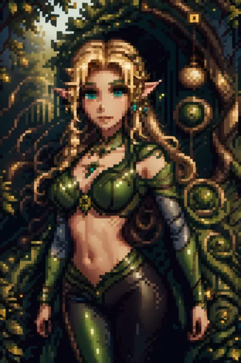 medieval setting, full view of body, (detailed elf ear, 1 woman, elven featured face, beautiful green eyes, blonde hair), leathe...