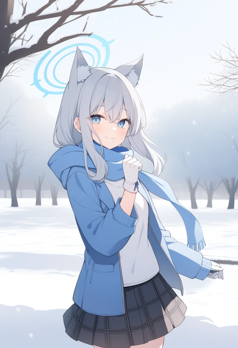 girl，Silver long hair, blue eyes, Wearing a blue hooded jacket,戴着Blue hood，A sky blue scarf, A white T-shirt, White gloves, And black plaid skirt, Standing in the park，Smile, blue halo，Blue hood，戴着Blue hood，Gray wolf ears，cold winter