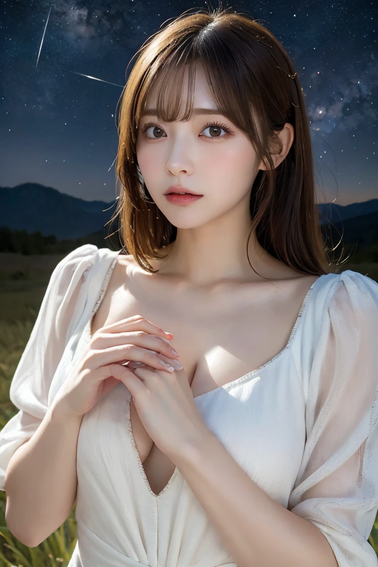 Starry sky, Milky Way, Highest quality, shape, Very detailed, In detail, High resolution, 8k wallpaper, Perfect dynamic composition, Beautiful details,  Natural Lip, Cute one piece dress, Big Breasts, Cleavage, she、Making a wish upon a star Praying with random expressions and random cute poses..., A masterpiece of the whole body, Side Short