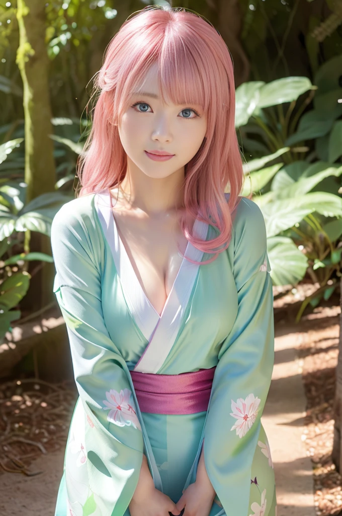 (light green kimono:1.2), (Komono:1.2), (bright floral pattern), (long sleeves), 1 girl, half body, (pink hair, medium hair), (realistic:1.7), ((highest quality)), surreal, (ultra high resolution), (photorealistic:1.6), photorealistic, octane rendering, (hyper-realistic:1.2), (photorealistic face:1.2), (8k), (4K), (masterpiece), medium breast, (realistic skin texture), (enlightenment, cinematic lighting, wallpaper), (symmetrical size, beautiful eyes:1.2), ((((perfect face)))), (cute), (standing), pink lips, (in the woods:1.2), bright forest road, smile, (Japanese country style), detailed cute face, realistic beauty, blue eyes, side shot, short bangs,