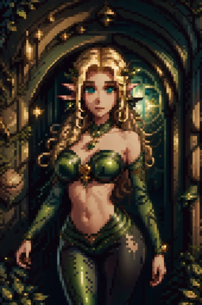 medieval setting, full view of body, (detailed elf ear, 1 woman, elven featured face, beautiful green eyes, blonde hair), leather armor, black leather pants, 